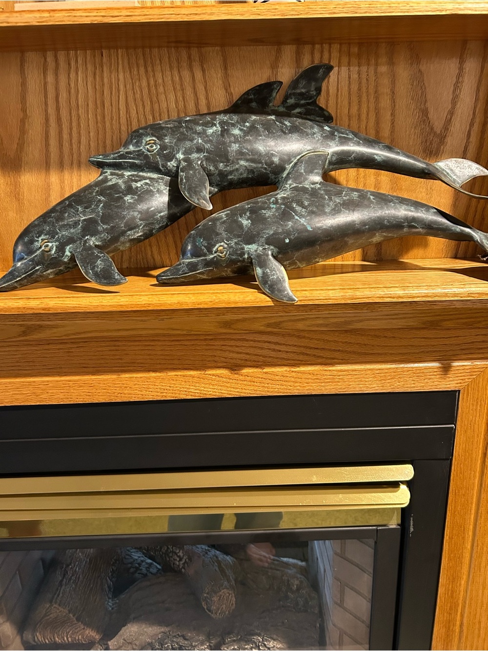 Brass Dolphins Wall Sculpture in Aged Verdigris Finish - Picture 3 of 8